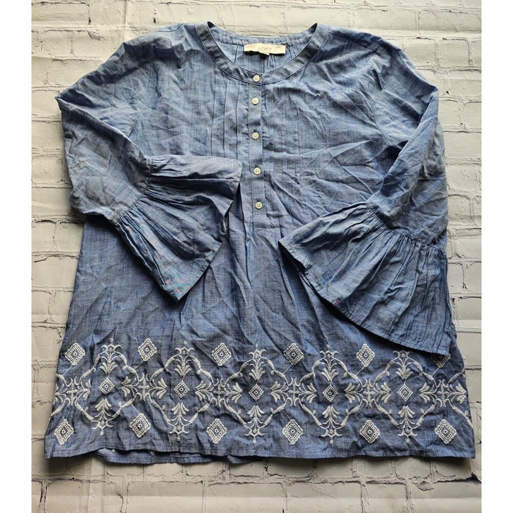 LOFT Blue Embroidered Boho Tunic Top Long Sleeve‎ Size S Rayon Cotton Blend